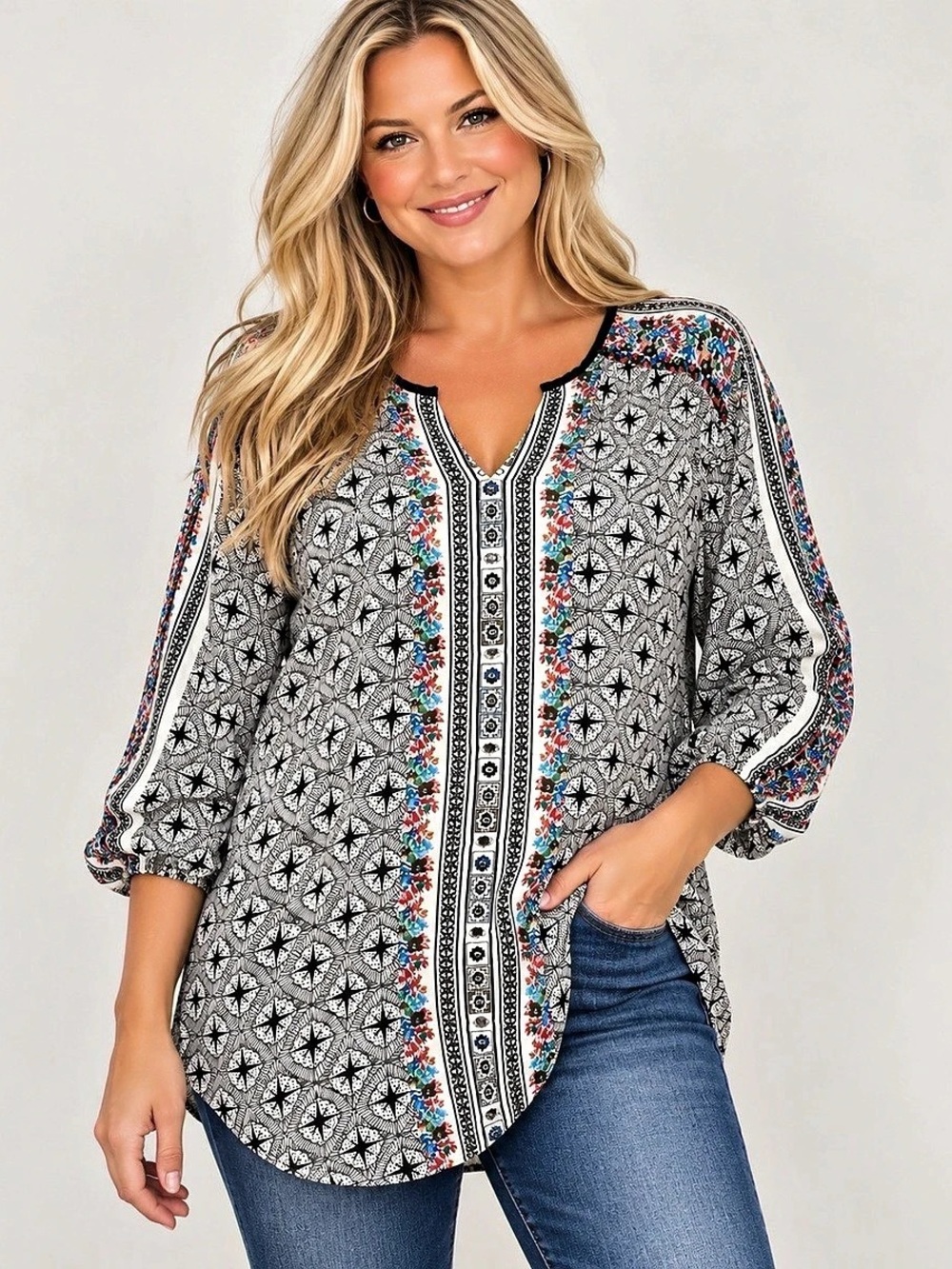 PUSH Women’s L Printed Tunic Top Boho Floral Geometric V-Neck